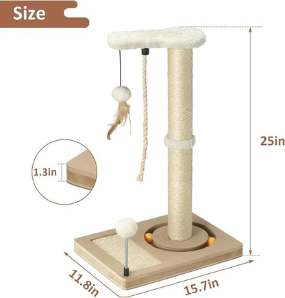 PAWSFANS Cat Scratching Post,Sisal Scratch Posts with Track Ball Feather Toy for Indoor Cats and Kittens,25" Tall Beige - PAWPICO