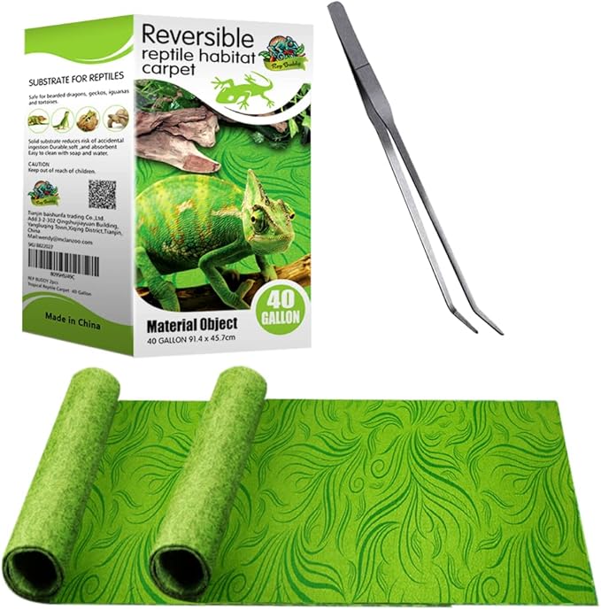 2 Pack Rainforest Tropical Reptile Carpet Mat & Reversible Substrate, Terrarium Liner Bedding, for Lizard,Chameleon,Gecko,Snake,Ceratophrys with Tweezers Feeding Tong (40 Gallon(36x18in)) REP+BUDDY