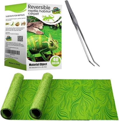 2 Pack Rainforest Tropical Reptile Carpet Mat & Reversible Substrate, Terrarium Liner Bedding, for Lizard,Chameleon,Gecko,Snake,Ceratophrys with Tweezers Feeding Tong (40 Gallon(36x18in)) REP+BUDDY