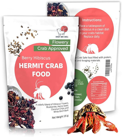Snout and Shell Berry Hibiscus Hermit Crab Food - Colorful Blend Diet of Hibiscus Flowers, Blueberries, Hemp Seed, Coconut Chips & White Birch Bark - Aquatic Pet Animal Snack Treat | 25g, Multi SNOUTANDSHELL