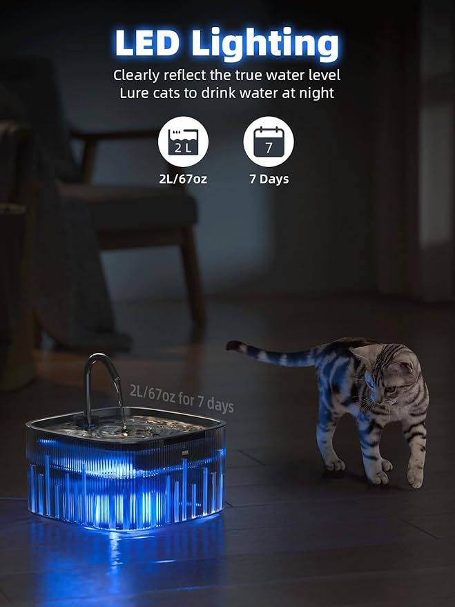 Cat Water Fountain: 75oz/2.2L Automatic Pet Water Dispenser for Cats with 304 Stainless Steel Water Tray & Faucet, Musical Wave Design with LED Indicator Pet Water Fountain for Cats Inside - PAWPICO