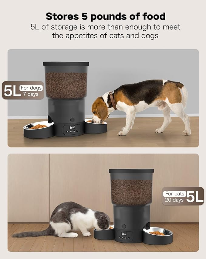SURDY Automatic Cat Feeder for 2 Cats, 3L Cat Food Dispenser Auto Cat Feeder with 2 Stainless Bowls, 10s Meal Call Dual Power Supply and Timer Setting 12 Portions 6 Meals Per Day for Cats (Black, 5L) - PAWPICO