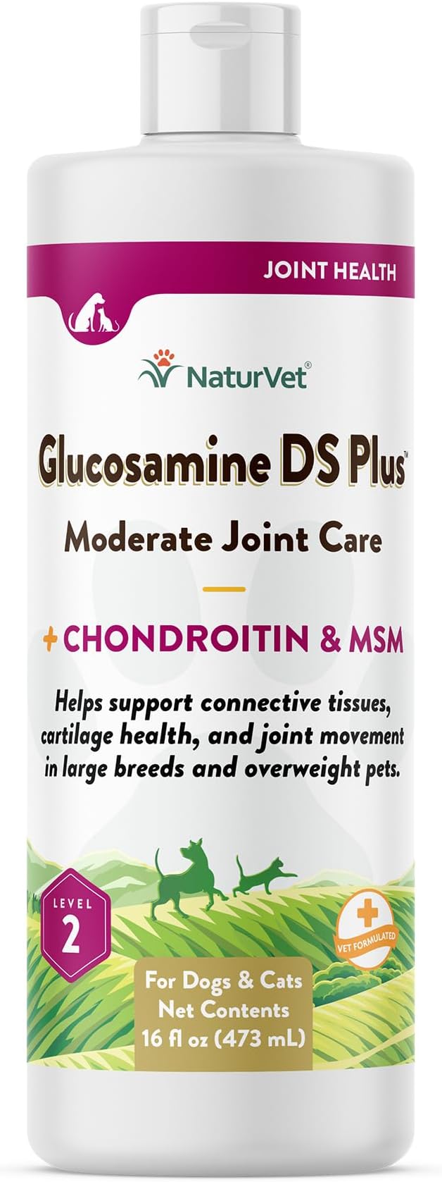 NaturVet Glucosamine DS Plus Hip & Joint Support Liquid Pet Supplement – Level 2 Moderate Care for Dogs & Cats – Includes Glucosamine, MSM, Chondroitin – 16 Oz NaturVet