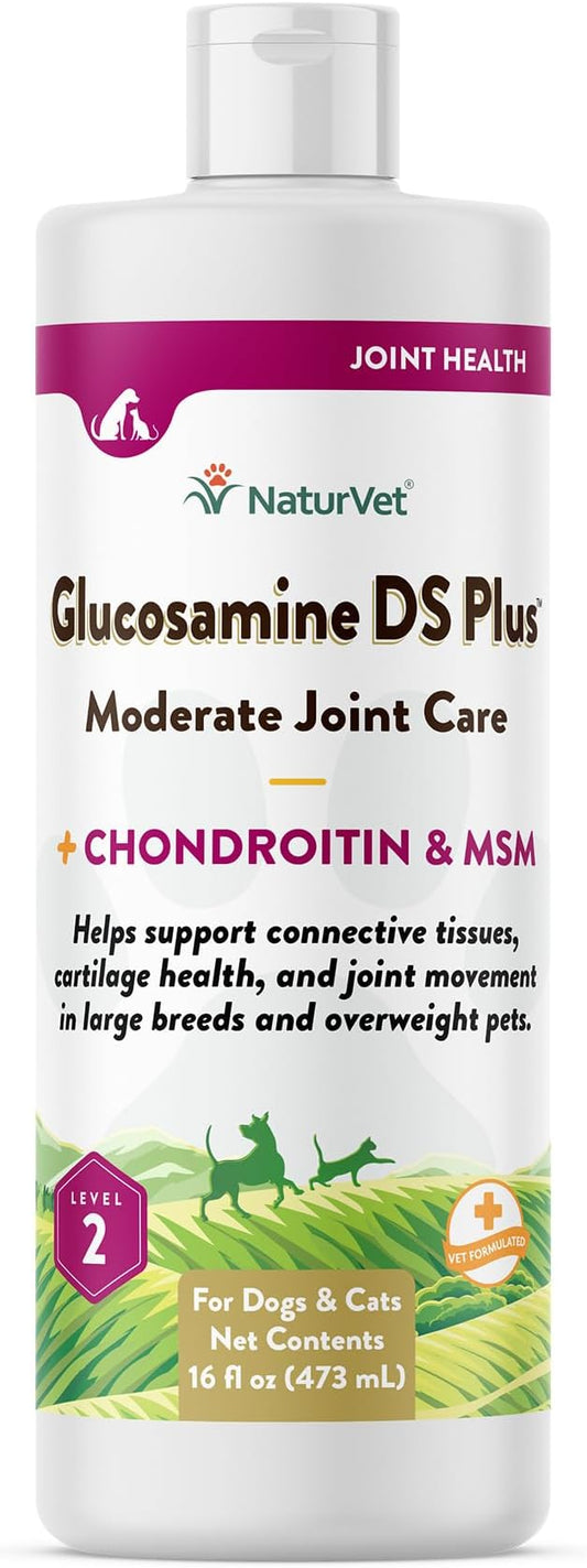 NaturVet Glucosamine DS Plus Hip & Joint Support Liquid Pet Supplement – Level 2 Moderate Care for Dogs & Cats – Includes Glucosamine, MSM, Chondroitin – 16 Oz NaturVet