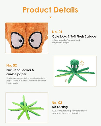 HGB Squeaky Dog Toys, Octopus No Stuffing Crinkle Plush Dog Toys to Keep Them Busy, Interactive Dog Chew Toys for Puppy Teething, Large Dog Toys for Large Medium Small Breeds, Pet Toys, 2 Pack - PAWPICO