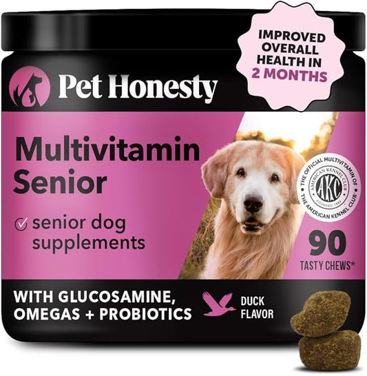 Pet Honesty Senior Dog Multivitamin - Essential Dog Vitamins and Supplements - Glucosamine, Probiotics, Omega Fish Oil for Dogs Health & Heart- Dogs Vitamins Health Supplies (Duck 90 ct) PetHonesty