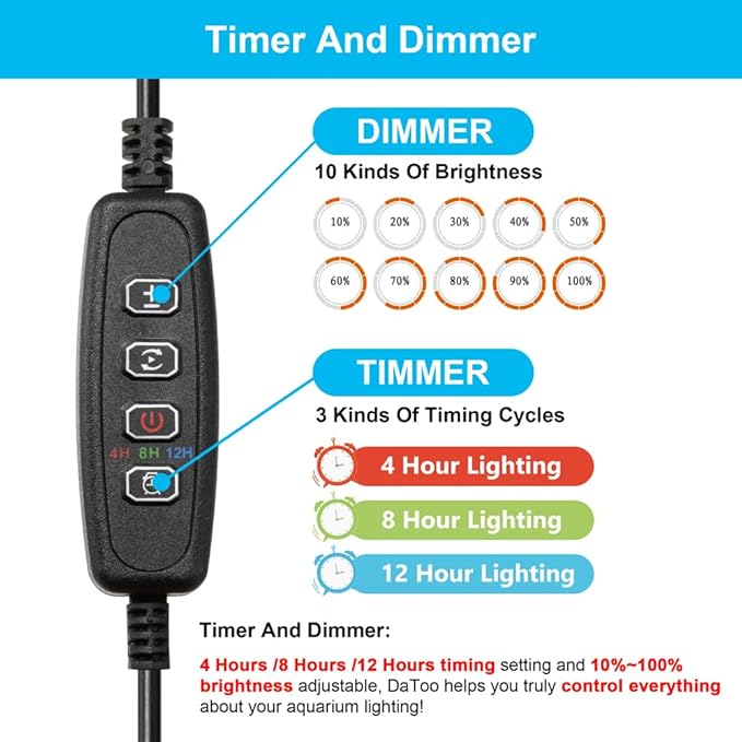 6W 11inch Submersible Aquarium Light Underwater Fish Tank Light LED Aquarium Light Bar with Timer Auto On/Off and Dimmer Adjustable Brightness, 1 Yr Warranty DaToo