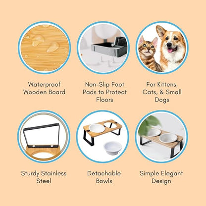 Elevated Cat Ceramic Bowls Stand for Food and Water, Small Dog, Anti Vomit, Indoor Cats, Tilted Feeding Position, Full Bamboo Body Stand with Food Grade, Whisker Friendly Dish for Cats and Puppy - PAWPICO