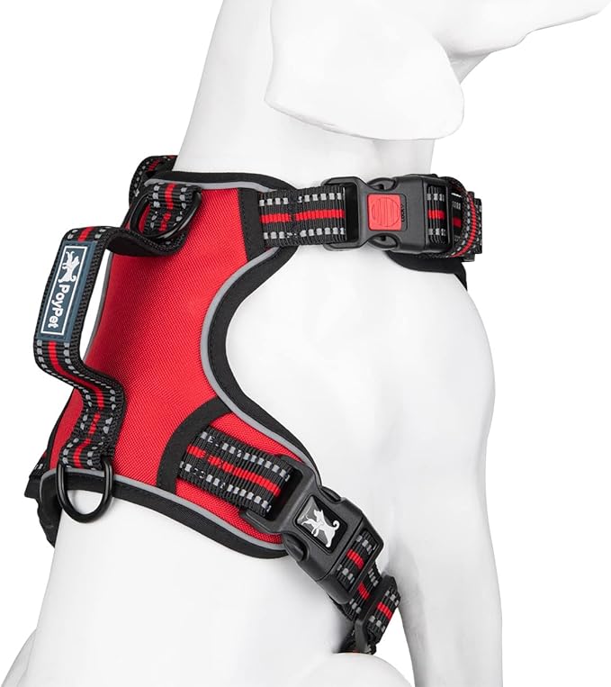 PoyPet No Pull Dog Harness, No Choke Front Clip Reflective Dog Vest with Soft Padded Vertical Handle, 3 Leash Attachments for Small Medium Large Dogs (Red,S) PoyPet