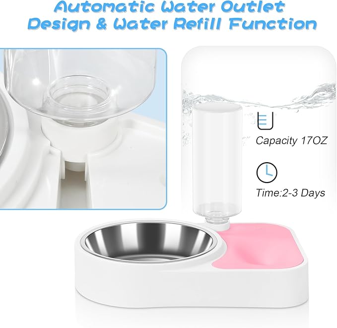 JUST RUN Double Dog Cat Bowls, 6.9" Dia Food Bowl and 11.6" L Water Bowl with Automatic Water Dispenser, Stainless Steel, Suitable for Small Dogs, Puppies, and Cats - PAWPICO