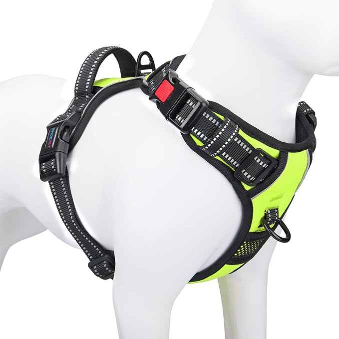 PHOEPET No Pull Dog Harness Medium Reflective Front Clip Vest with Handle,Adjustable 2 Metal Rings 3 Buckles,[Easy to Put on & Take Off](M, Green) PHOEPET