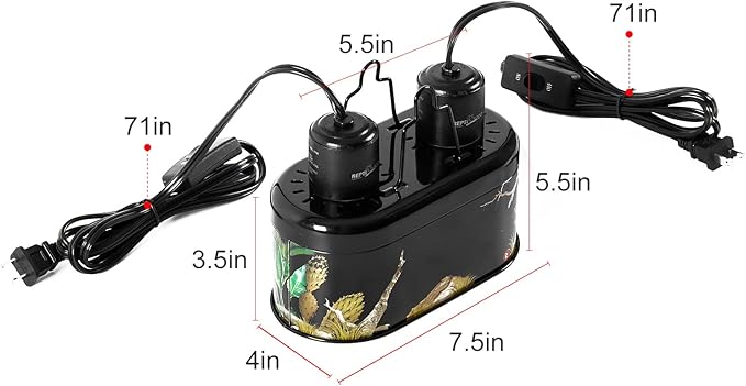 REPTI ZOO Nano Combo Print Tropical Desert Reptile Dual Deep Dome Lamp Fixture for Reptile Max 40 Watts Max Bulb Height 4 in Per Socket UVB Light Fixture Dual Lamp Cap Combo Integration Design REPTIZOO