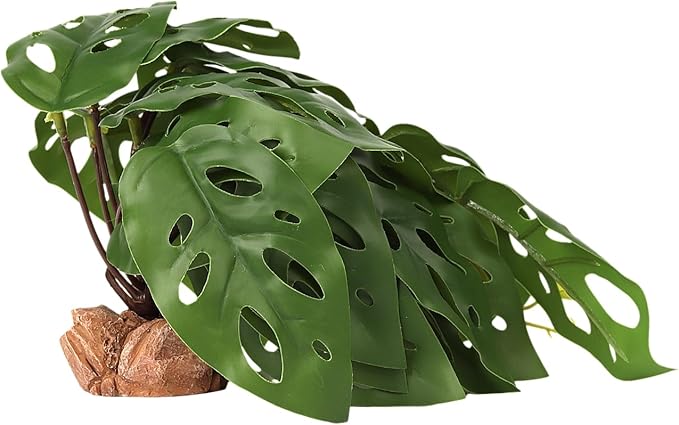 Reptile Plants for Terrarium, Ball Python Tank Decor Accessories fit Bearded Dragon Crested Leopard Gecko Lizard Chameleon Snake Frog Tortoise Hermit Crab - Fake Swiss Cheese Plants WOLEDOE