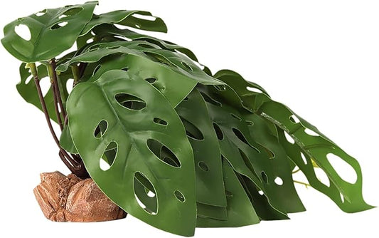 Reptile Plants for Terrarium, Ball Python Tank Decor Accessories fit Bearded Dragon Crested Leopard Gecko Lizard Chameleon Snake Frog Tortoise Hermit Crab - Fake Swiss Cheese Plants WOLEDOE