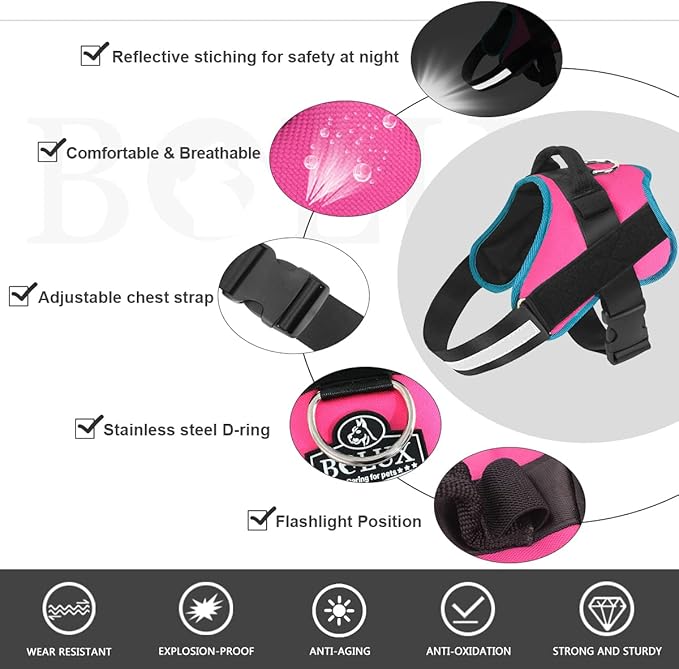 Bolux Dog Harness, No-Pull Reflective Dog Vest, Breathable Adjustable Pet Harness with Handle for Outdoor Walking - No More Pulling, Tugging or Choking X-Small (Pack of 1) RoseTurquoise Bolux