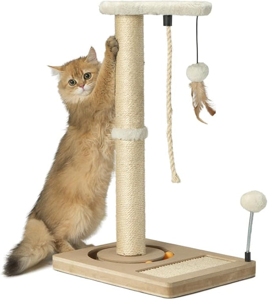 PAWSFANS Cat Scratching Post,Sisal Scratch Posts with Track Ball Feather Toy for Indoor Cats and Kittens,25" Tall Beige - PAWPICO