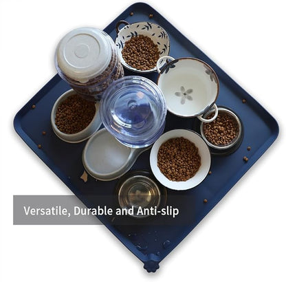 Hoki Found XX-Large Silicone Pet Food Mats Tray - Non Slip Pet Dog Cat Bowl Mats Placemat -Waterproof Dog Cat Food Mats - Dog Pet Cat Feeding Mat - Pet Water Mats for Carpet -Indigo Ink … - PAWPICO