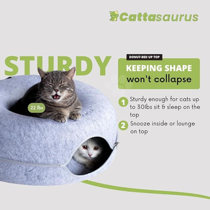 CATTASAURUS Peekaboo Cat Cave for Multiple & Large Cats Up to 30-45 Lbs, Scratch Detachable & Washable Tunnel Bed, Comfy Donut Cat Cave (Ligt Gray + Light Gray, Large (Bundle)) - PAWPICO