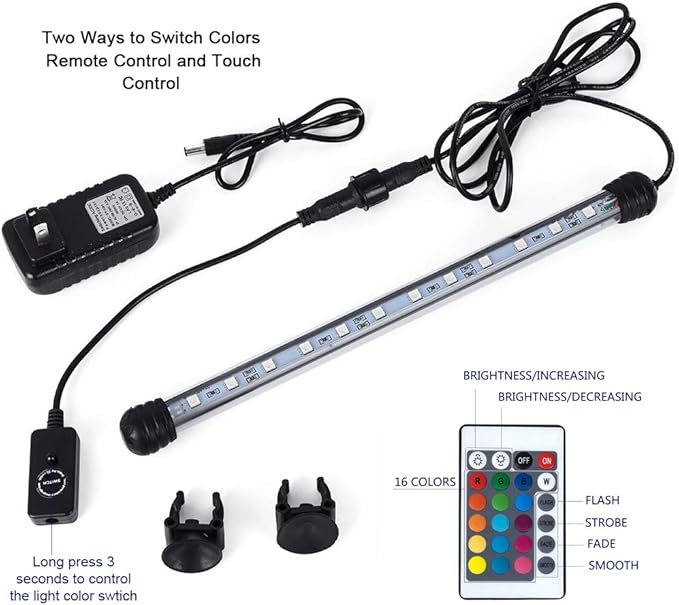 MQ 8 in Submersible LED Aquarium Light, 1.2W Color Changing Fish Tank Light with Remote Control, IP68 Crystal Glass 9 LEDs Lights Bar, for Fish Tank 10-15 inch MQ