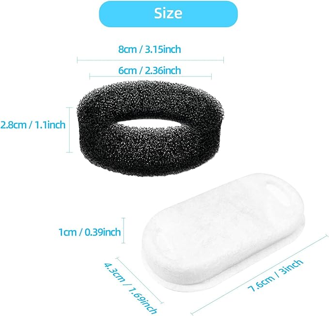 Official Tomxcute Cat Water Fountain Filters for 108oz/3.2L and 135oz/4.0L Adjustable Water Flow Pet Water Fountain, Ultra-Quiet Cat Water Fountain 8 Packs Filters & 8 Sponges Foam Filters - PAWPICO