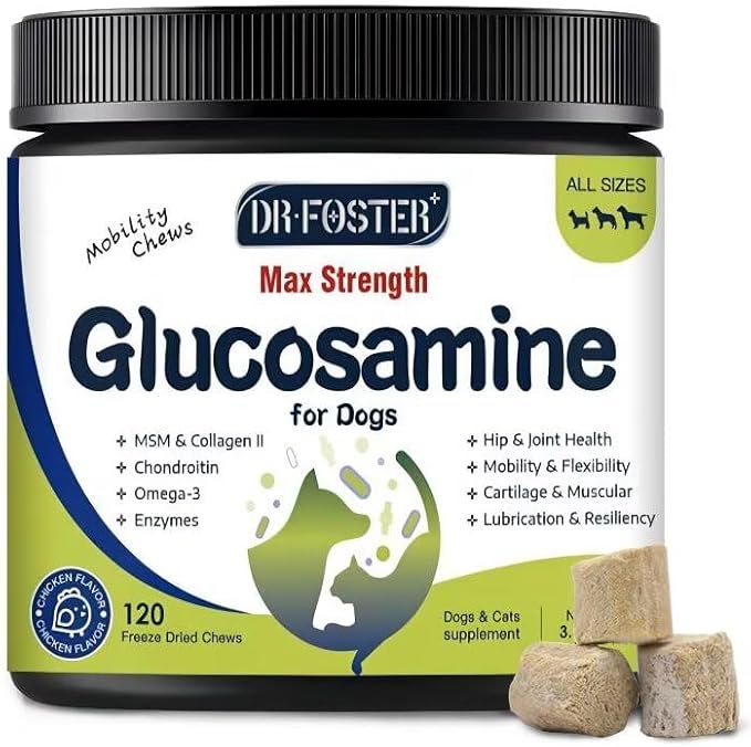 Glucosamine for Dogs, Hip and Joint Supplement for Dogs with Chicken Flavor, Anti Inflammatory, Dog's Chondroitin, Digestive Enzymes, Omega-3, Vitamin D, MSM, Calcium, Turmeric, 120 Freeze-Dried Chews DRFOSTER