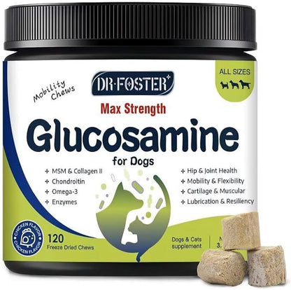 Glucosamine for Dogs, Hip and Joint Supplement for Dogs with Chicken Flavor, Anti Inflammatory, Dog's Chondroitin, Digestive Enzymes, Omega-3, Vitamin D, MSM, Calcium, Turmeric, 120 Freeze-Dried Chews DRFOSTER