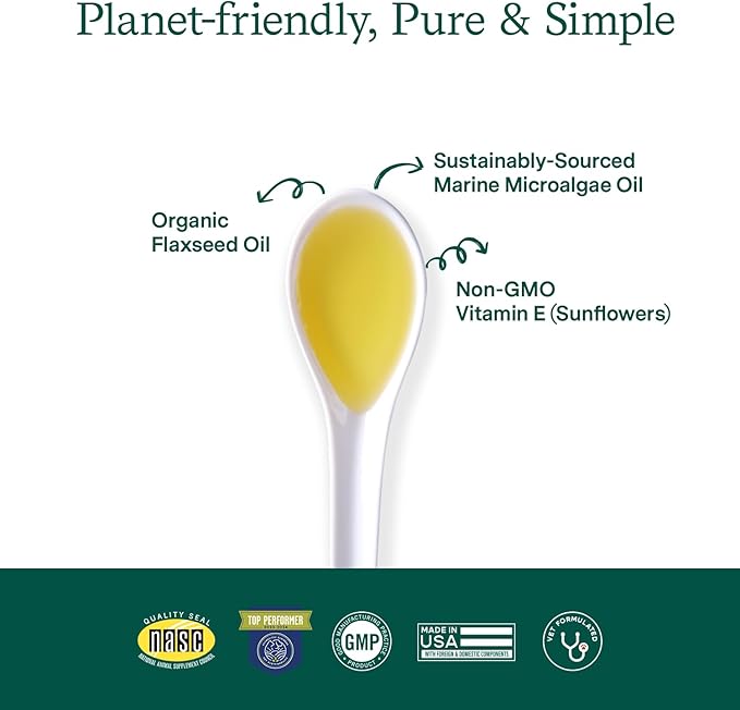 Fera Pet Organics Plant-Based Omega 3 Supplement for Dogs & Cats – Vet Created - Skin, Coat & Immunity – Vegan Omega 3 - EPA, DHA & ALA – 8oz, 48 Servings FeraPets