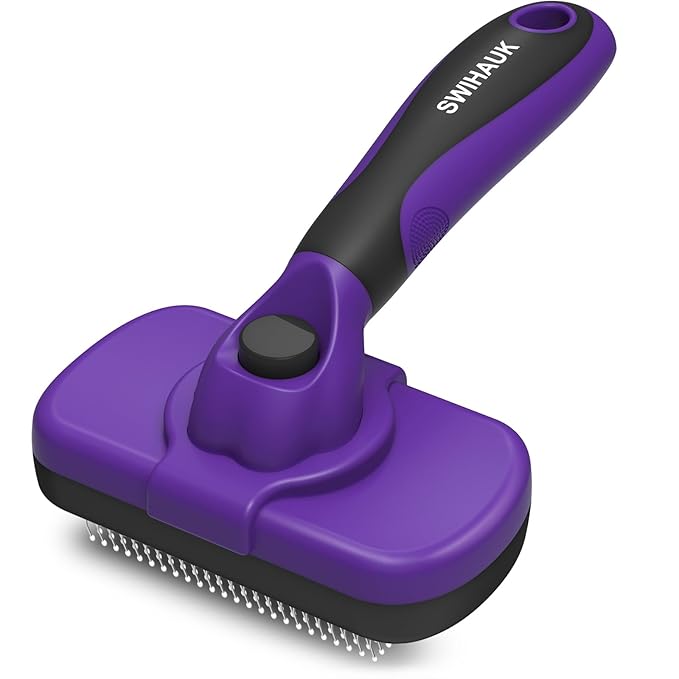 Swihauk Self Cleaning Slicker Brush for Dogs & Cats, Skin Friendly Pet Grooming for Shedding, Deshedding, and Hair Removal - Puppy Brush for Long Haired Pets, Pet Supplies, Purple - PAWPICO