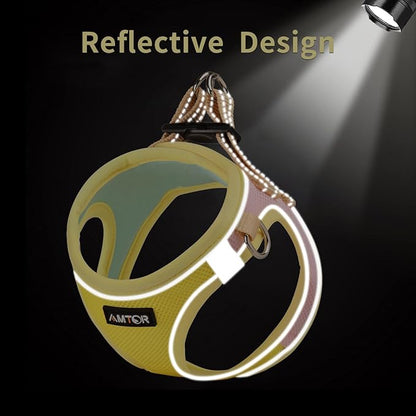 AMTOR Small Dog Harness with Leash Set, No Escape Easy Walk Puppy Harnesses for Training Walking, Step-in Reflective Soft Dogs Vest for XS S Medium Extra-Small Large Sized Dog(Yellow) AMTOR