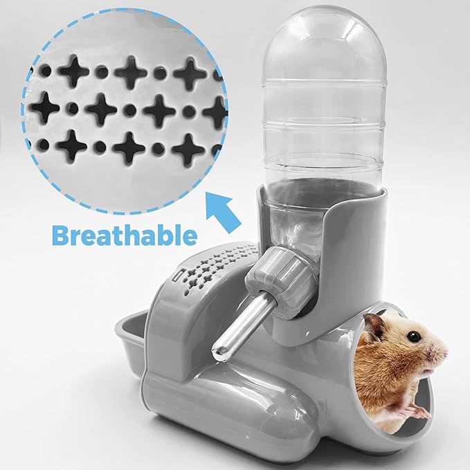 Vannon 3 in 1 Hamster Water Bottle No Drip Small Animal Water Bottle Automatic Bottle Dispenser with Food Container Base Hut and Hideout Base 4oz/120ml, BPA Free Vannon