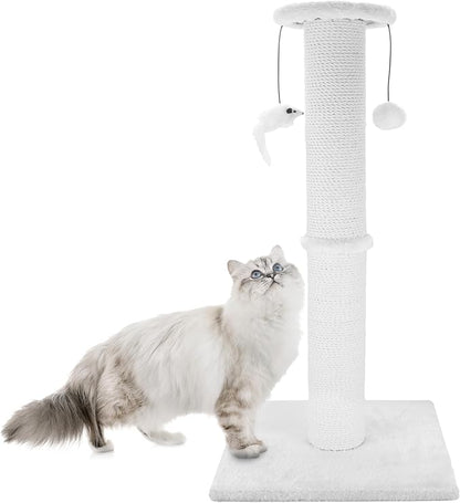 Cat Scratching Post 34 Inches Heavy Duty and Thicker Cat Scratching Post Sisal Rope with Hanging Ball and Mice Scratching Post for Indoor Cats and Adult(White) - PAWPICO