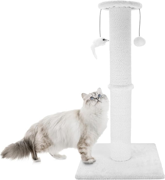 Cat Scratching Post 34 Inches Heavy Duty and Thicker Cat Scratching Post Sisal Rope with Hanging Ball and Mice Scratching Post for Indoor Cats and Adult(White) - PAWPICO