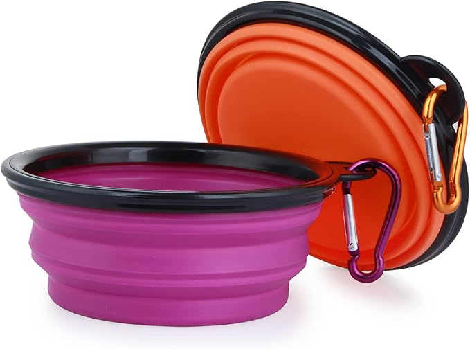 Dog Bowl Pet Collapsible Bowls, 2 Pack Collapsible Dog Water Bowls for Cats Dogs, Portable Pet Feeding Watering Dish for Walking Parking Traveling with 2 Carabiners (Small, Orange+Purple) - PAWPICO