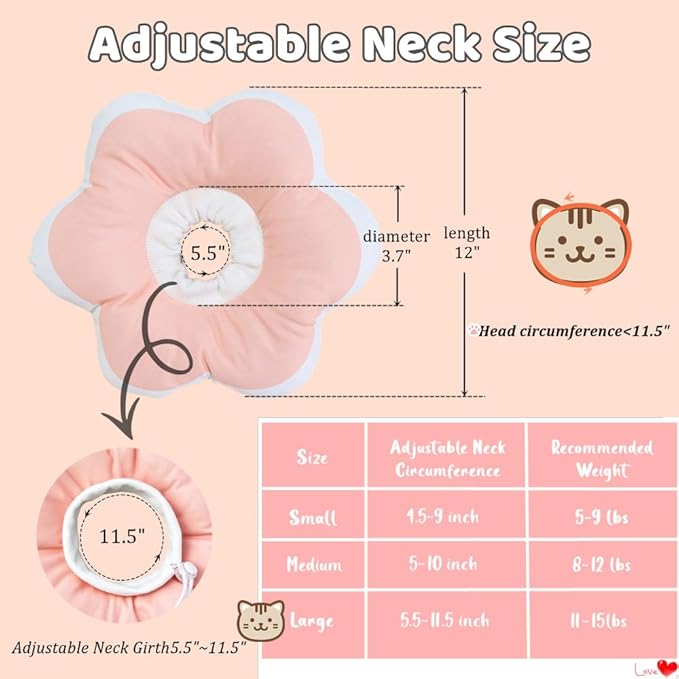 Adjustable Soft Cat Cone Collar Waterproof Cute Pink Flower Collar for Cats Small Dogs Kitten Puppy After Surgery Prevent Licking (Pink,Large) LAVVICHA
