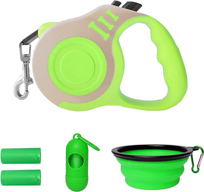 Retractable Dog Leash Automatic Telescopic Tractor Dog Tape, Pet Tape 10/16 FT Durable and Convenient, with Folding Bowl, Dispenser, Rubbish Bags, Suitable for Small and Medium Dogs LIEVUIKEN