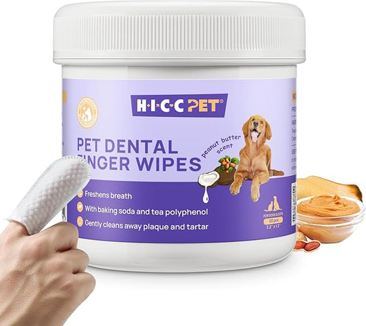 HICC PET Teeth Cleaning Wipes for Dogs & Cats, Remove Bad Breath by Removing Plaque and Tartar Buildup No-Rinse Dog Finger Toothbrush, Disposable Gentle Cleaning & Gum Care Pet Wipes, 50 Counts HICCPET