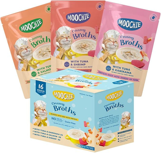 MOOCHIE Grain Free Creamy Seafood Multipack Cat Broth - Real Salmon, Shrimp, Kanikama - No Artificial Flavors or Preservatives - 16 x 1.4 oz Pouch - PAWPICO