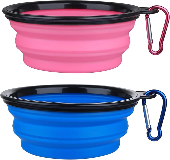 Dog Bowl Pet Collapsible Bowls, 2 Pack Collapsible Dog Water Bowls for Cats Dogs, Portable Pet Feeding Watering Dish for Walking Parking Traveling with 2 Carabiners (Small, Bule+Pink) - PAWPICO