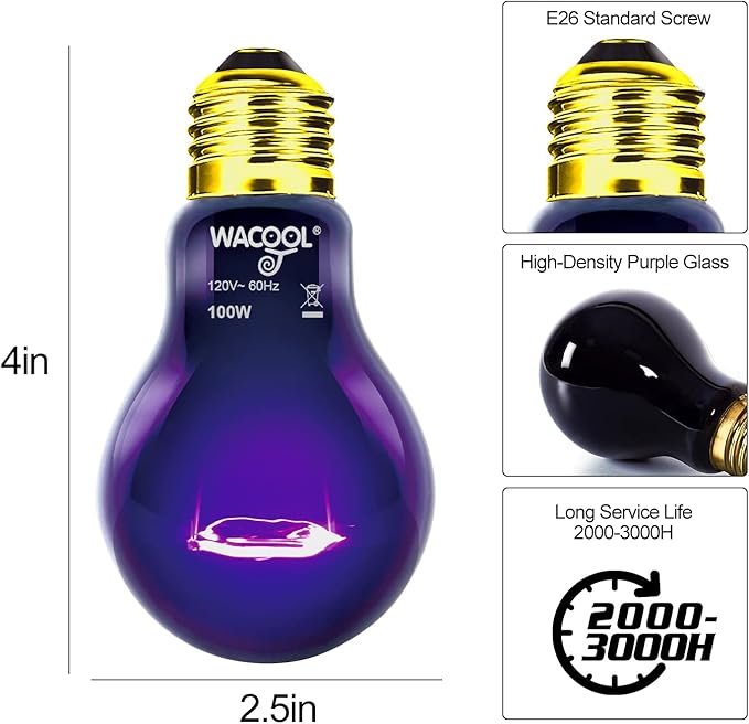 WACOOL 4Pack Reptile Night Heat Lamp, 100W Night Heat Lamp for Reptiles & Amphibians,Simulate Nature Moonlight Purple Night Light for Bearded Dragon Lizard Snake Crab… WACOOLTERRA