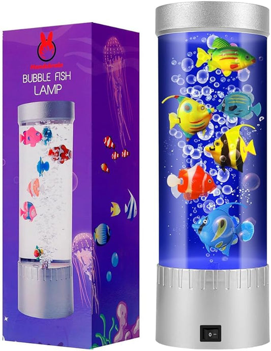 Bubble Fish Lamp with 6 Floating Fake Fish – LED Aquarium Night Light with Moving Fish and Bubbles – Cylindrical Transparent Tank, Perfect for Kids’ Rooms, Offices, and Living Spaces Handsbrain