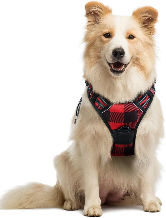 rabbitgoo Dog Harness No Pull with 2 Leash Clips, Adjustable Soft Padded, Reflective Oxford No Choke Pet Vest with Easy Control Handle for Medium Sized Dogs, Red Plaid, M rabbitgoo