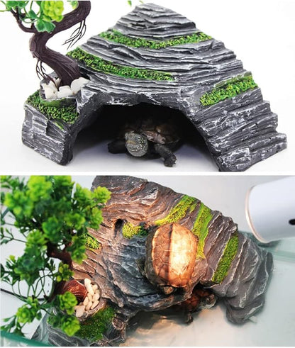 Reptile Simulation Rock Hide-Resin Amphibian Hideouts Cave Size 3.94'' x 1.77'' with Plastic Tree 7.87'',Habitat for Bearded Dragon Turtles Lizards Snakes Crab Gecko Leopard Spider Fish Zhildmosin
