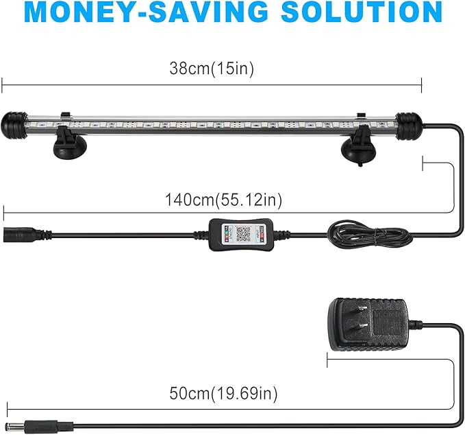 GreenSun Fish Tank Aquarium Light: Submersible Led Lamp - 15 Inch Waterproof Strip Spotlight with APP Control GreenSun