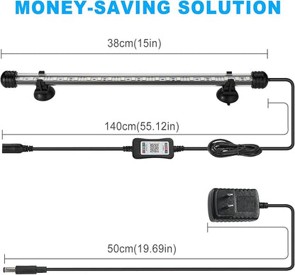 GreenSun Fish Tank Aquarium Light: Submersible Led Lamp - 15 Inch Waterproof Strip Spotlight with APP Control GreenSun