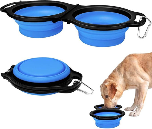 Collapsible Silicone Cat and Dog Travel Bowls,2 in 1 Foldable Pet Feeding and Watering Dish for Walking Camping Hiking with Carabiner (Blue) - PAWPICO