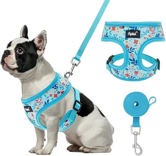 PUPTECK Soft Mesh Dog Harness and Leash Set Pet Puppy Cat Comfort Padded Vest No Pull Harnesses, Blue Floral, S PUPTECK