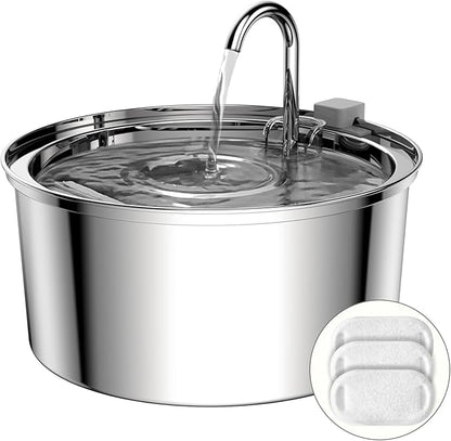 Tomxcute Cat Water Fountain, 3.2L/108oz Automatic Stainless Steel Pet Fountain Dog Water Dispenser, Ultra-Quiet Pump and 3 Replacement Filters & for Cats, Dogs, Multiple Pets - PAWPICO