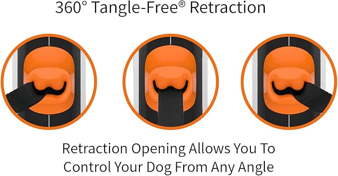 TUG Tiny 360° Tangle-Free Retractable Dog Leash with Anti-Slip Handle | 10 ft Nylon Tape | One-Handed Brake, Pause, Lock (White/Orange) TUG