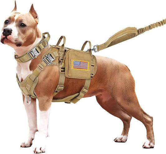 Forestpaw Tactical Dog Harness for Large Dogs,Tactical Dog Collar with Bungee Leash Set,No Pull Military Dog Harness for Dog Walking Training,Adjustable for Medium Large Dogs,Khaki S Forestpaw