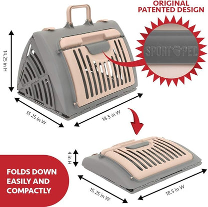 SportPet Designs Foldable Travel Cat Carrier - Front Door Plastic Collapsible Carrier, Gray and Tan, Medium (Pack of 1) - PAWPICO